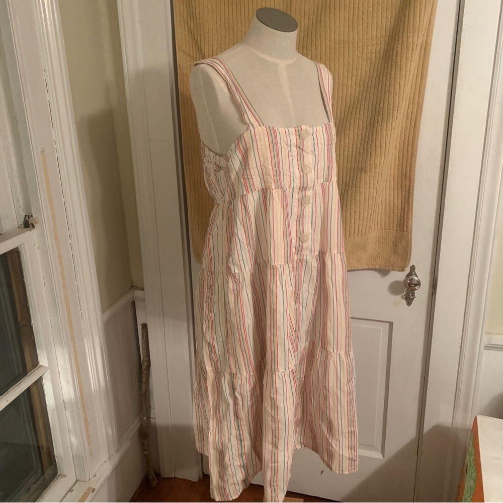 Madewell Button Down Linen Rainbow Stripe Casual Midi Dress with Straps Size 10